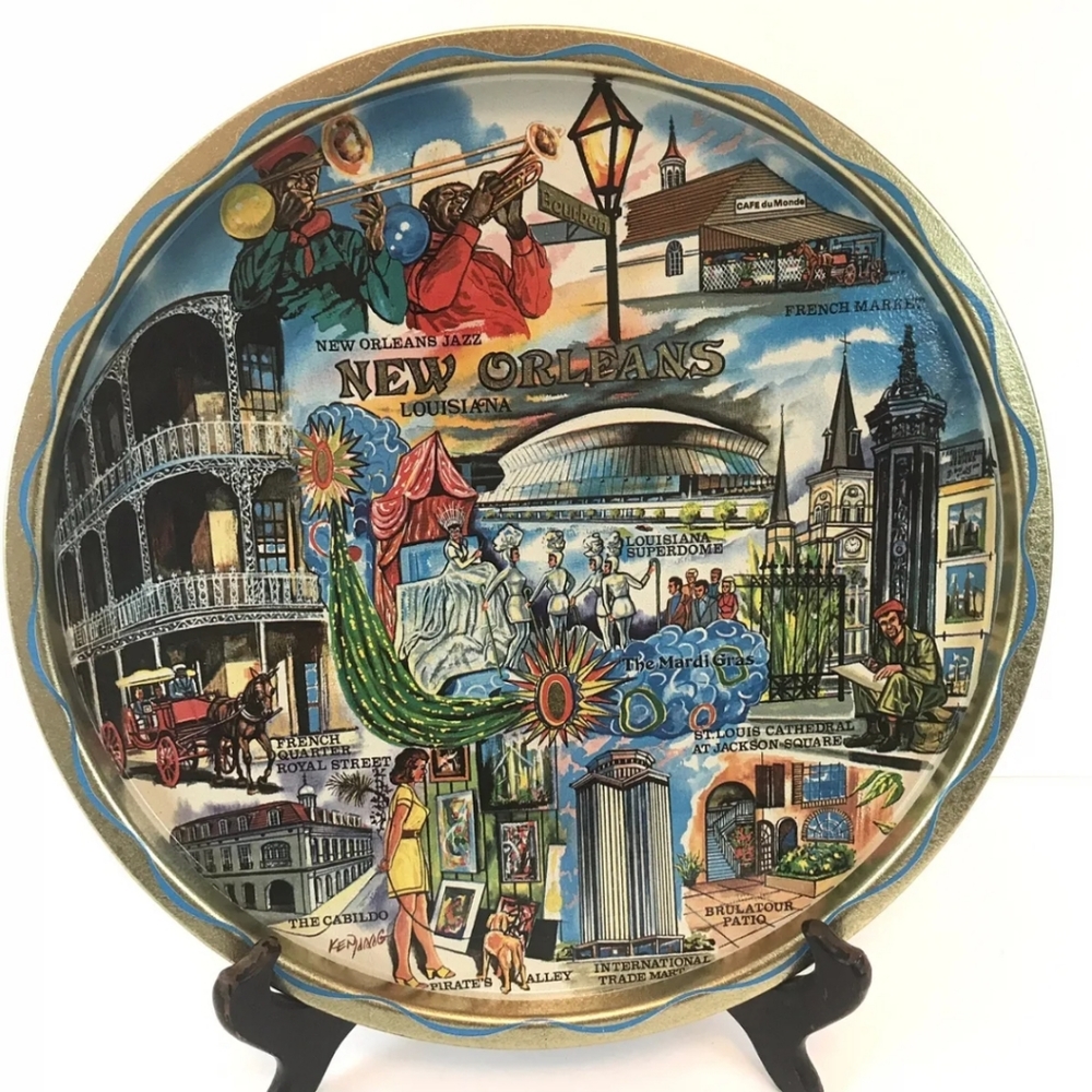 Vintage Metal New Orleans Vintage Souvenir Tray & Coaster Set- NIB